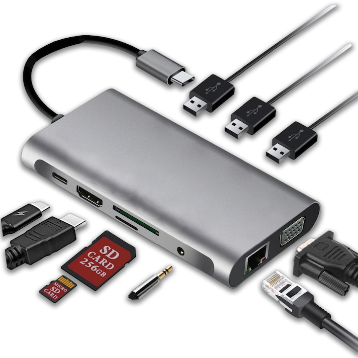 Адаптер за докинг станция USB-C HUB, Lurelia, 10-в-1, HDMI 4K UHD, VGA HD, 3 USB 3.0 порта, слотове за SD/TF карти, Gigabit Ethernet, 2-в-1 3,5 мм порт за аудио/микрофон, Plug-and-play, 120*55*15 мм, метално сив цвят