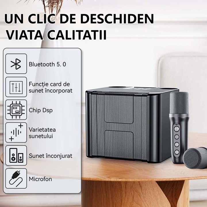 Boxa portabila karaoke, Lurelia, Sistem audio Bluetooth, Cu 2 microfoane wireless, 7 efecte sonore distractive, Conexiune Bluetooth/USB/TF/AUX, Potrivit pentru petreceri interioare si exterioare, Negru