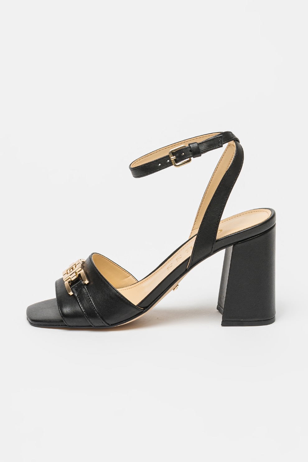 GUESS, Sandale de piele cu toc masiv, Negru, 37