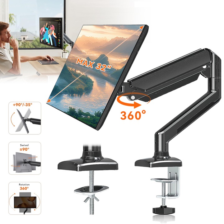 Suport Monitor Potrivit Pentru Ecrane De 13 Pana La 32 Inchi, Lurelia, Fiecare Brat Suporta O Greutate Maxima De 9 Kilograme, Suport Monitor Cu Arc De Aer, Reglabil/Inclinare/Rotire, VESA 75mm Sau 100mm, Negru