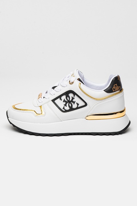 GUESS, Маратонки с монограм, Бял/Златист/Черен