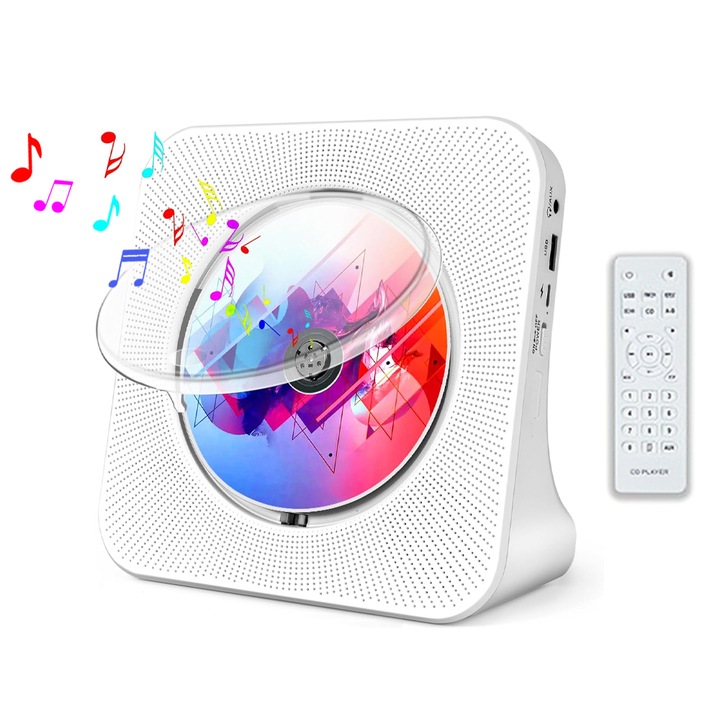CD плейър, Lurelia, преносим Bluetooth CD плейър, с таймер за домашна употреба, вградени HiFi високоговорители, HD LED екран, FM радио, USB възпроизвеждане, Type-C, AUX режим, подходящ за дома и офиса, бял