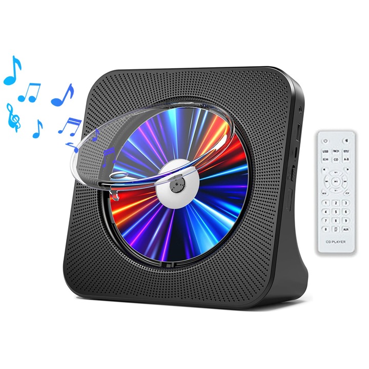 CD плейър, Lurelia, преносим Bluetooth CD плейър, с таймер за домашна употреба, вградени HiFi високоговорители, HD LED екран, FM радио, USB възпроизвеждане, Type-C, AUX режим, подходящ за дома и офиса, черен