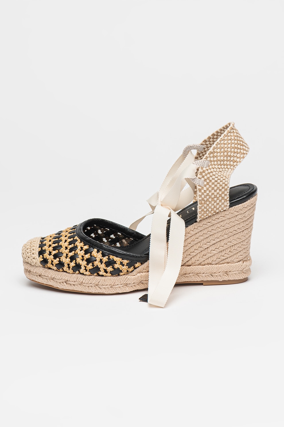 GUESS, Sandale-espadrille wedge, Negru, Bej, 39