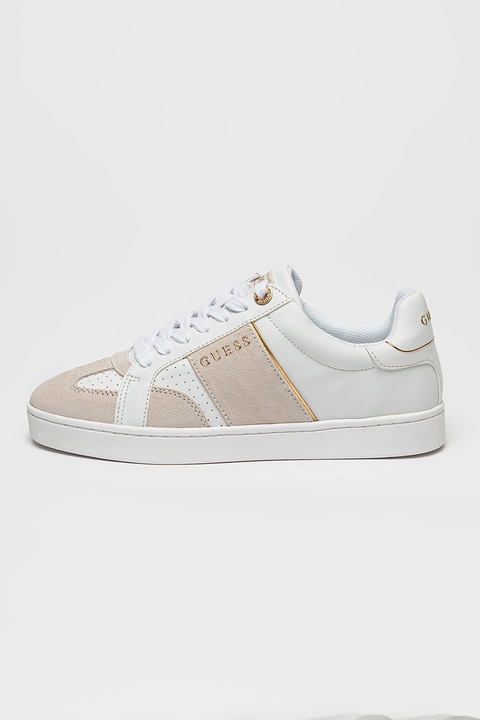 GUESS, Маратонки с велур и лого, Бял/Златист/Светло кафяво, 39