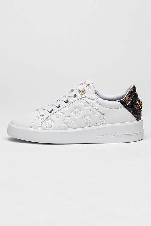 GUESS, Спортни обувки от еко кожа с лого, Бял/Тъмнокафяв