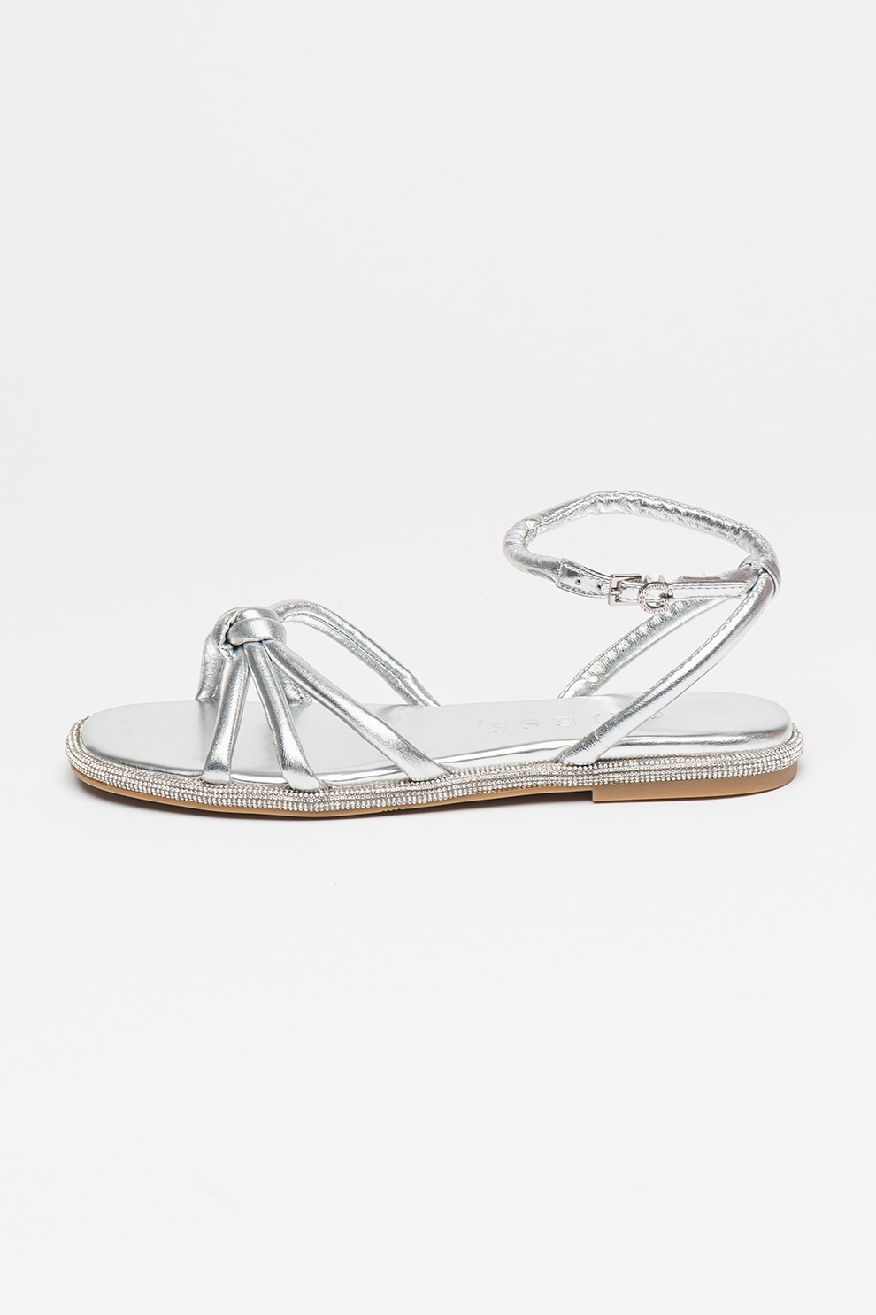 GUESS, Sandale de piele cu bareta pe glezna, Argintiu, 39