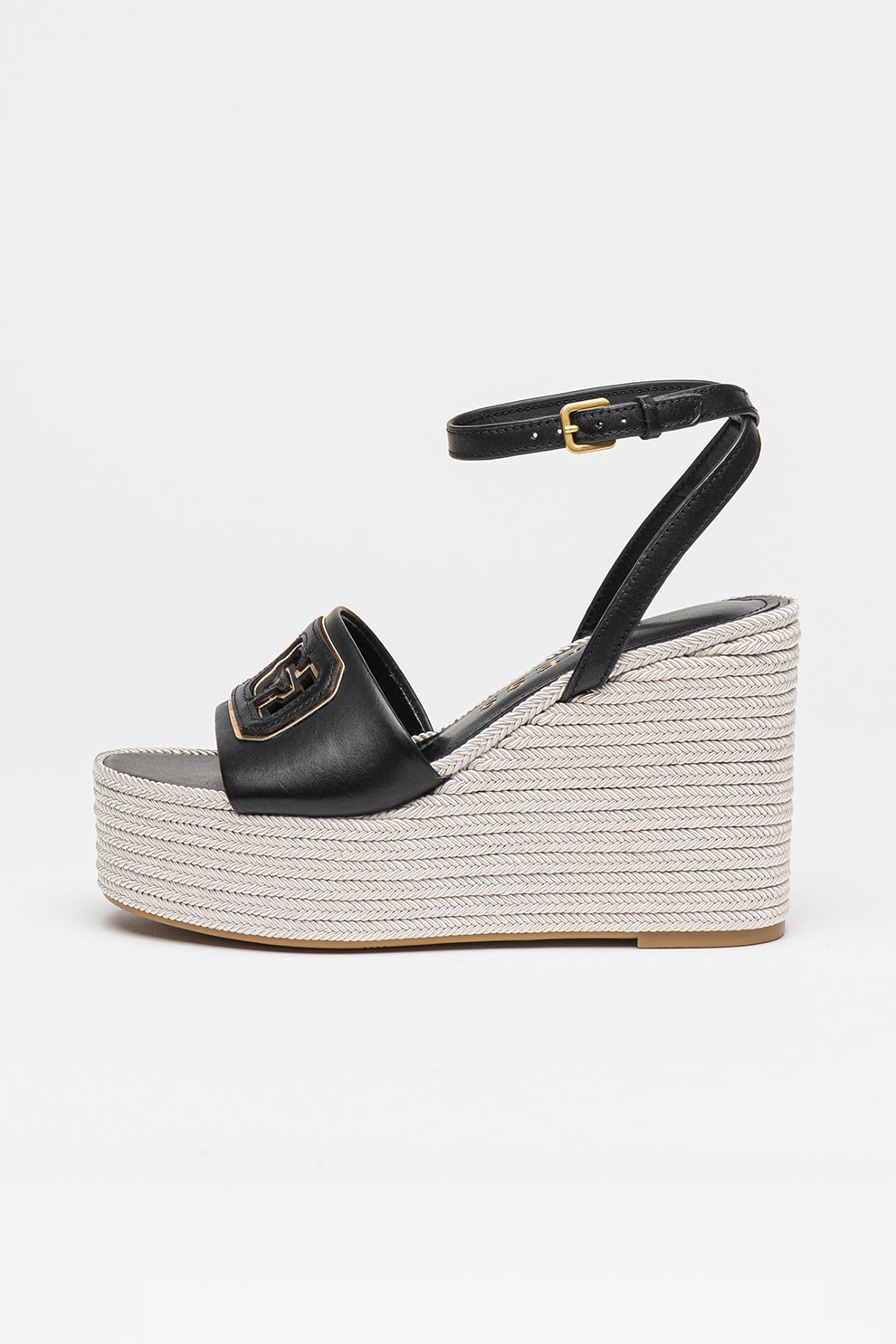 GUESS, Sandale-espadrile wedge, Auriu, Negru, 39