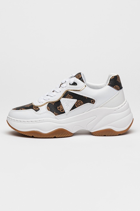 GUESS, Спортни обувки от еко кожа с лого, Бял/Златист/Тъмнокафяв