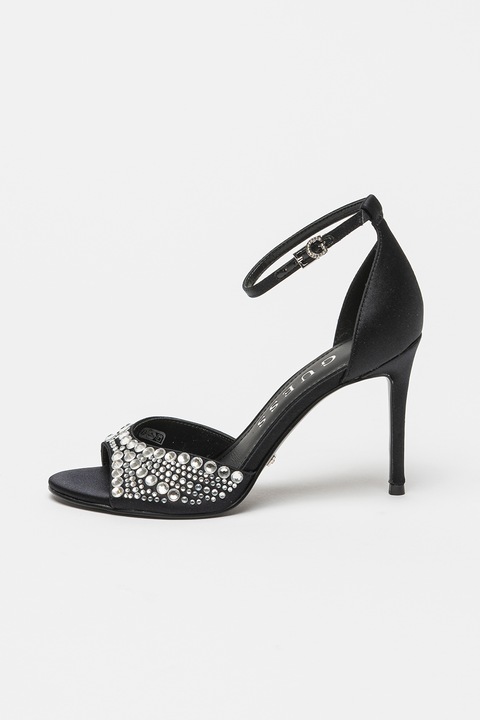 GUESS, Sandale stiletto de matase cu strasuri, Negru