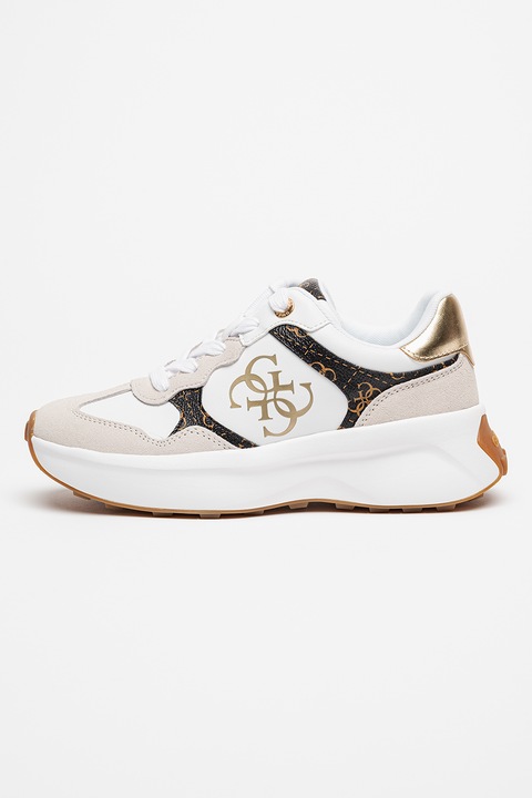 GUESS, Műbőr sneaker nyersbőr részletekkel, Fehér/Barna