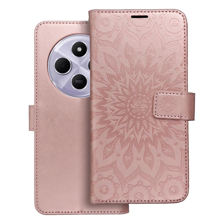 Xiaomi Redmi 14C / Redmi A4 / Poco C75 kompatibilis telefontok, könyvtok, mágneszáras, bankkártyatartós, mandala mintás, rose gold Forcell Mezzo