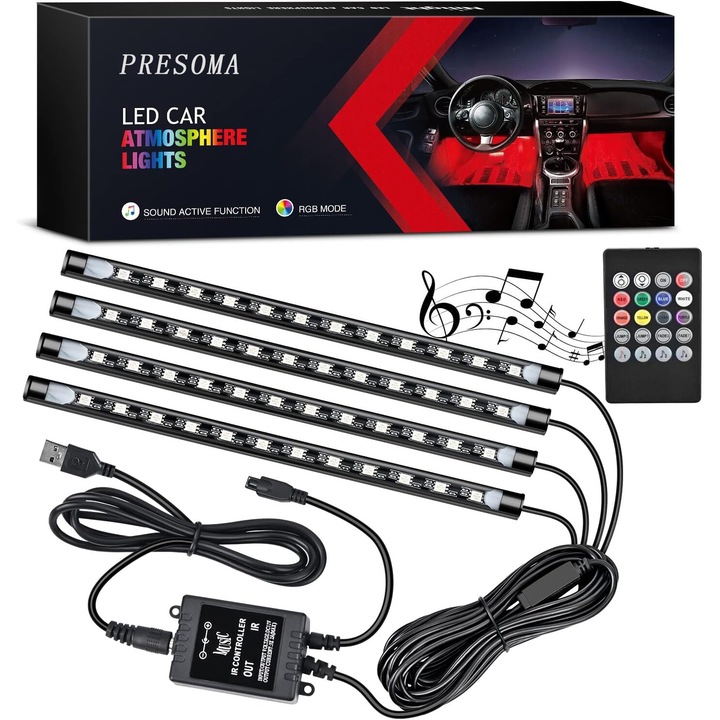 Lumini ambientale auto, cu telecomanda, 4 benzi, 48 leduri, senzor muzica, USB, cablaj inclus, RGB multicolor