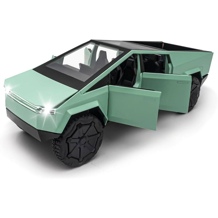 Macheta Tesla Cybertruck, Faruri si Stopuri Luminoase, din Metal, cu Lumini si Sunete realistice de Motor si Alarma, Volan Functional, cu Functie Pull-Back, cu Functie de Deschidere a Usilor - Verde