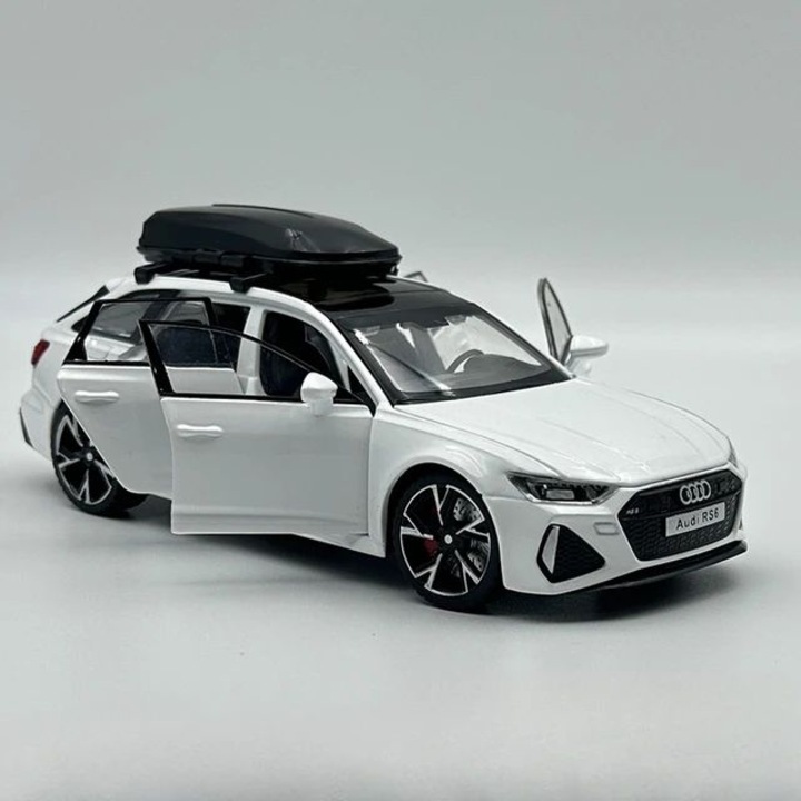 Модел Audi RS6, свалящ се багажник, светещи фарове и задни светлини, изработени от метал, с реалистични светлини и звуци на двигателя и аларма, функционален волан, с функция за дърпане назад, с функция за отваряне на врата - бял
