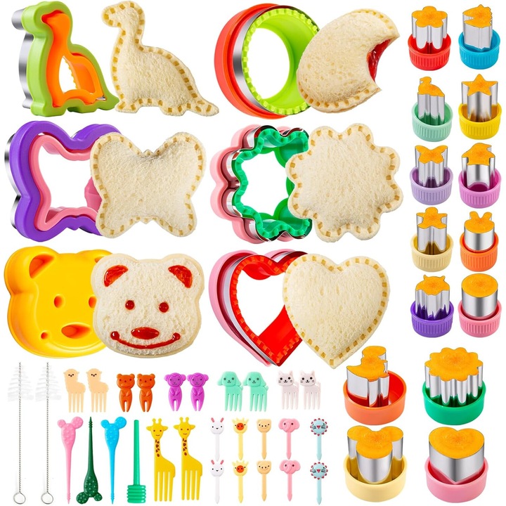 Set 48 Piese Decupatoare Sandwich si Biscuiti, Forme Dinozaur, Fluture, Unicorn, Inima, Stea, fara BPA, Reutilizabile, Multicolor