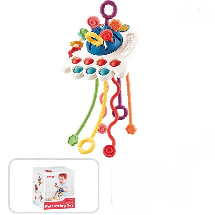 Jucarie senzoriala pentru bebelusi, cu snururi din silicon, caracatita silicon, multicolor, Fidget pop, Albastra