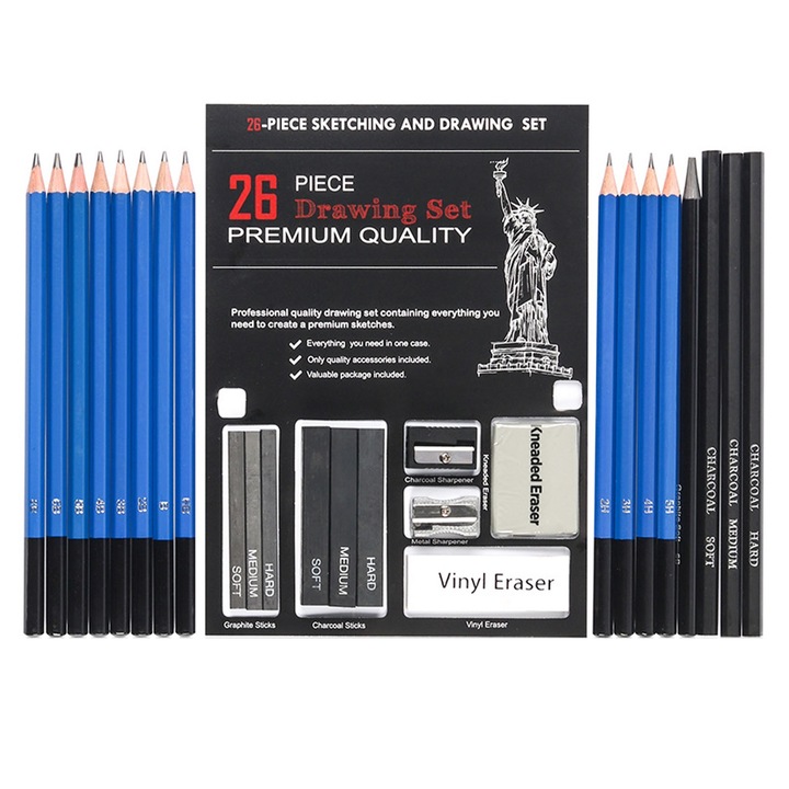 Set 26 Creioane Grafit, SINBINTA, Miezul de plumb este stabil, Ecologic si non-toxic, Incluse creioane cu carbune, blocuri grafit, banda de carbon, ascutitoare, guma sters, Pentru copii, adolescenti si adulti, Lemn, 320x260mm, Albastru/Negru