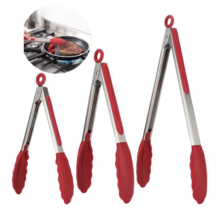 Cleste de bucatarie, SINBINTA, Set 3 Cleste Servire din Inox si Silicon, Antiderapant si rezistenta la temperaturi ridicate, Usor de curatat, Design ergonomic, Pentru gratar porumb, rasturnarea burgerilor, servirea salatei, 21cm/27.5cm/34cm, Rosu