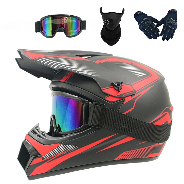 Комплект предпазна каска с ръкавици, очила и балаклава, Moto, Cross, Enduro, ATV, размер XL, ABS, подвижна миеща се вътрешност (черна камуфлажна мотоциклетна каска)
