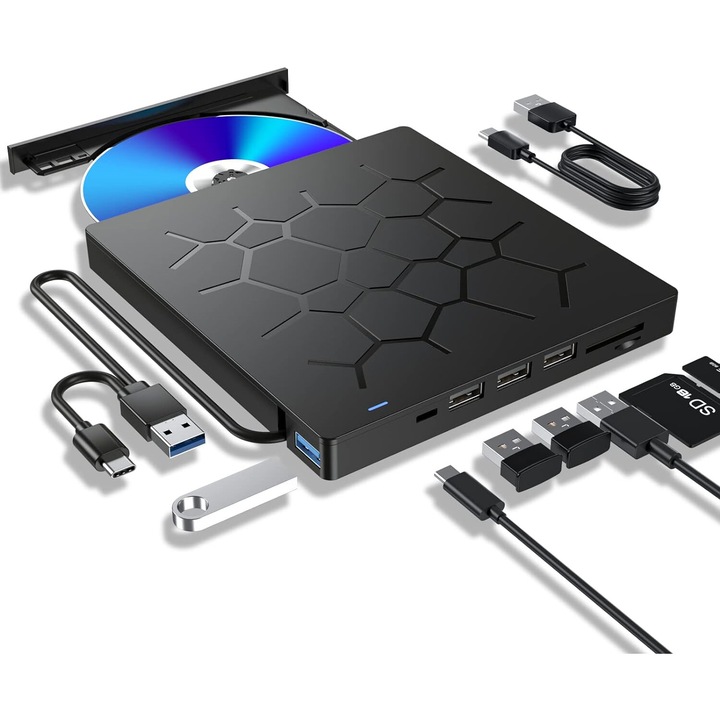 Външно DVD записващо устройство, 7in1, USB 3.0, CD, DVD +/-, RW, преносимо външно, USB-C, Поддържа максимално четене от 1TB