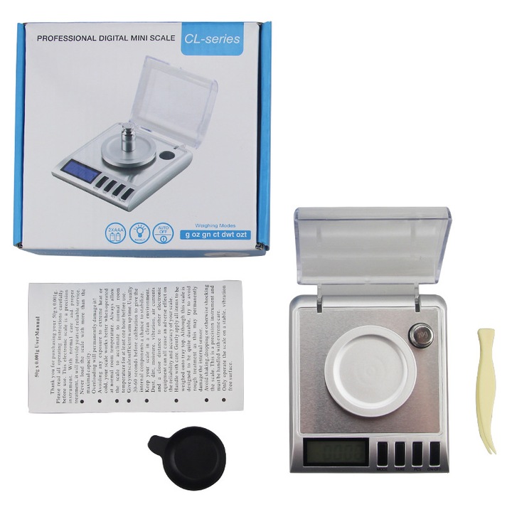 Cantar pentru bijuterii cu precizia de 0.001g, Cantar digital de 50g/0.001g, cu greutati de calibrare incluse, Include o lopata, un recipient pentru pudra si pensete