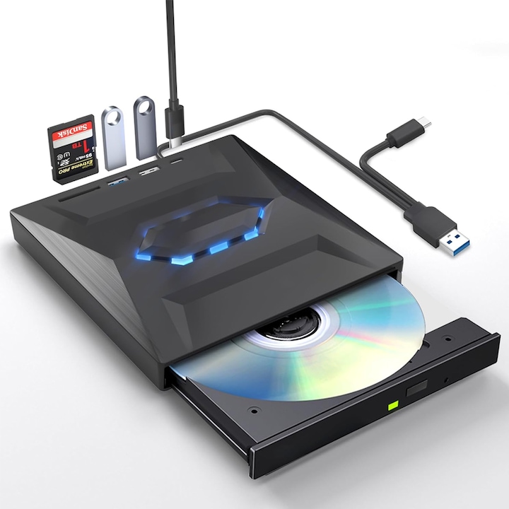 Външно CD DVD устройство, Lurelia, USB 3.0 и USB-C CD ROM записващо устройство DVD плейър, с USB хъб и четец на SD карти, преносимо CD записващо DVD+/- RW оптично устройство, подходящо за Windows 11/10 лаптопи, Mac, Linux компютри CD ROM външно устройство