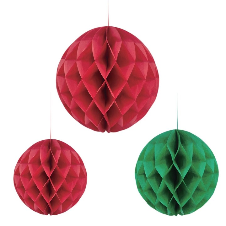 Set Sfere Decorative Suspendabile de Craciun din Hartie Rosu Verde Ø20cm Ø25cm Ø30cm, 3buc