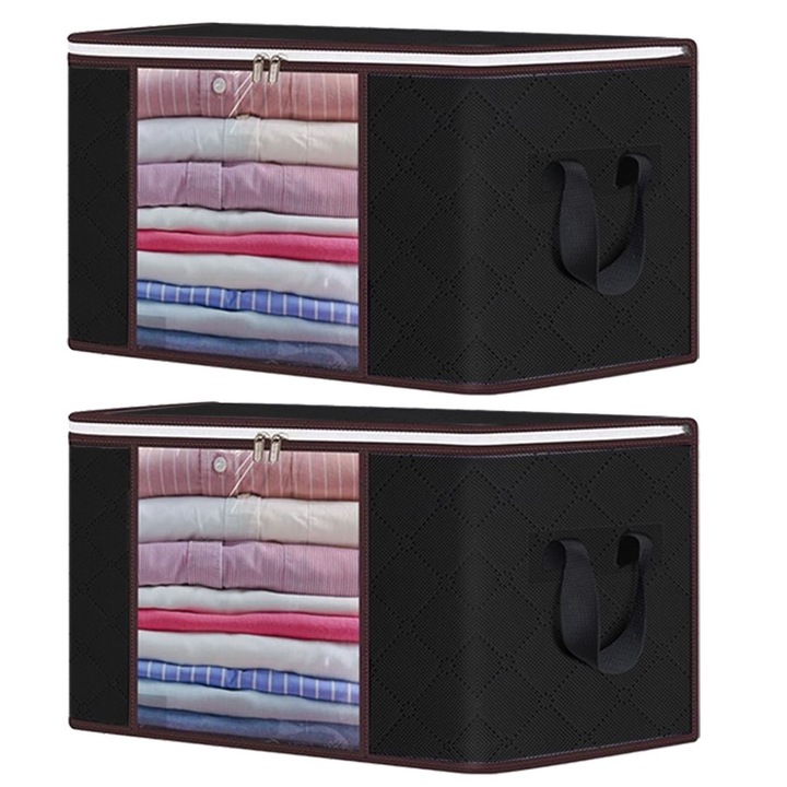 Set 2 x organizator pentru haine, perne, pilote, jucarii si alte accesorii NEXTLY, geanta depozitare pliabila, fereastra de vizualizare, material respirabil, capacitate mare, inchidere cu fermoar dublu, 30x60x40cm M, negru
