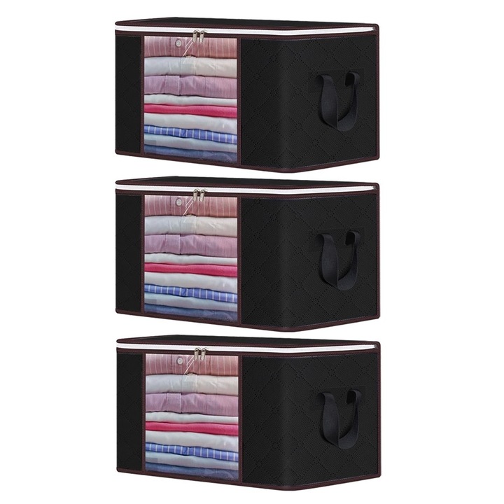 Set 3 x organizator pentru haine, perne, pilote, jucarii si alte accesorii NEXTLY, geanta depozitare pliabila, fereastra de vizualizare, material respirabil, capacitate mare, inchidere cu fermoar dublu, 30x70x50cm L, negru