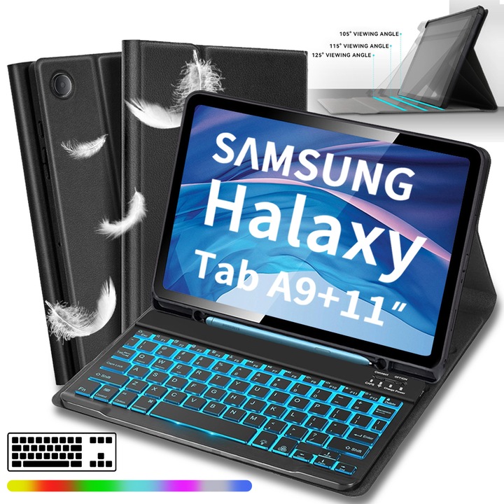 Husa cu tastatura iluminata pentru Samsung Galaxy Tab A9+ Plus de 11 inch, Lurelia, Tastatura cu 7 culori si 3 niveluri de luminozitate, Tastatura Bluetooth detasabila, Suport pliabil cu clapeta si suport pentru stilou, PU, Negru