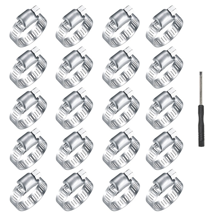 Cleme de furtun QELIRA® 20 bucati, din otel inoxidabil – Cleme metalice reglabile pentru automobile, conducte, repararea uscatoarelor si tuburi, + Surubelnita, argintiu 16-25mm