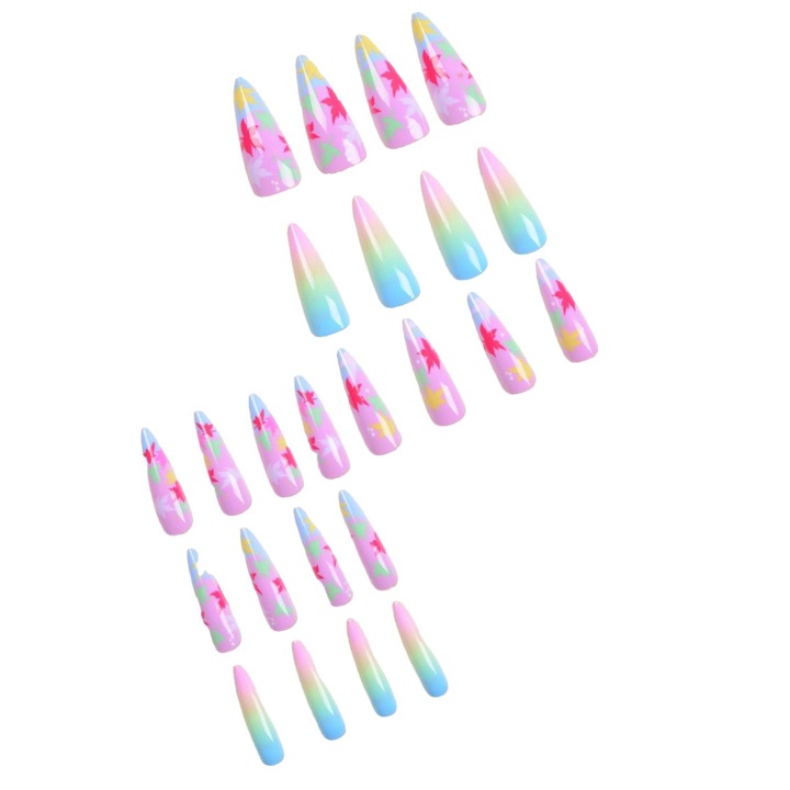 Set 24 unghii false adezive RUIOMII®, unghii lungi multicolore, cu lipici gel si pila de unghii inclusa, Gradient