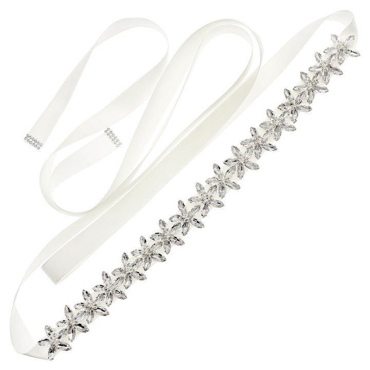 Колан за булчинска рокля, BOMSTOM, тип колан, изработен от сатен и декориран с кристали и камъни, Сребро