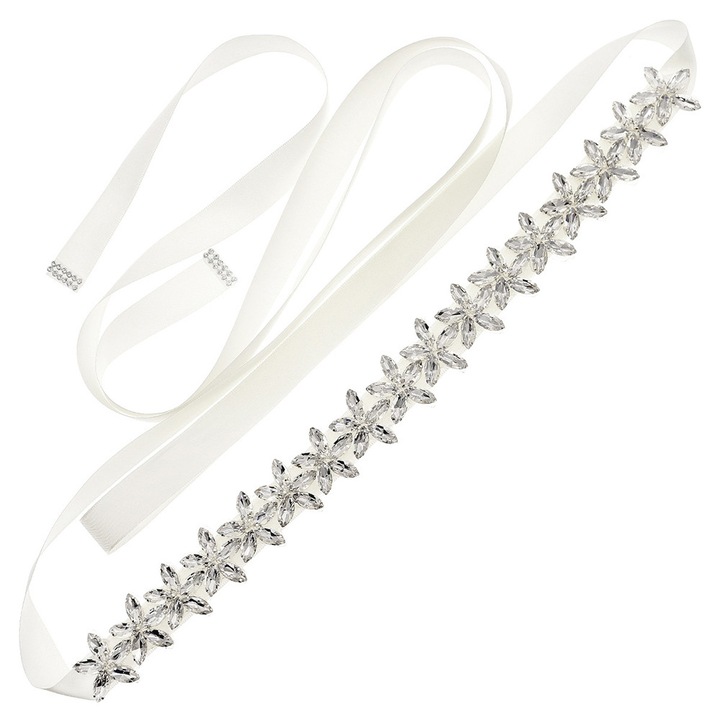 Curea de rochie de mireasa, BOMSTOM, tip brau, din satin si cu decoratiuni strasuri si pietre, elegant si simplu, Argintiu,250 x 3 cm