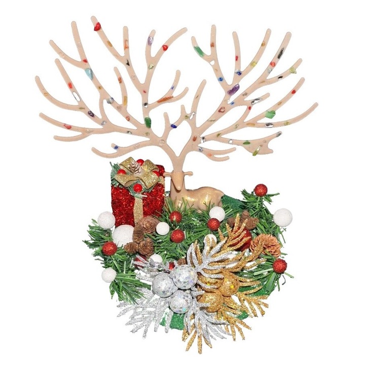 Aranjament de Craciun cu ren si coarne cu pietre semipretioase (doua tipuri de coarne), conuri, rotund, bej, 25x25 cm