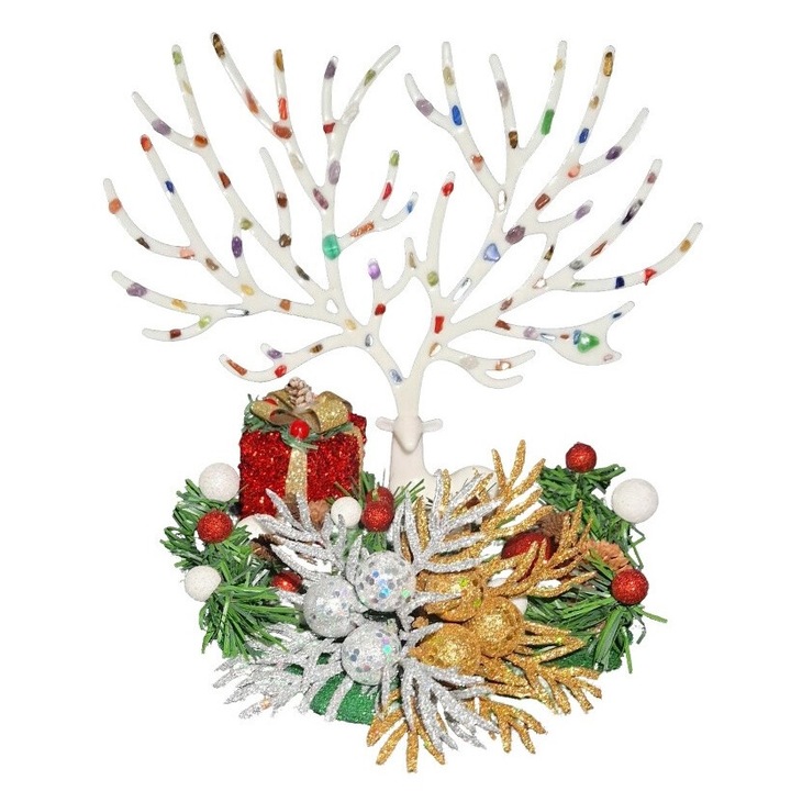 Aranjament de Craciun cu ren si coarne cu pietre semipretioase (doua tipuri de coarne), conuri, rotund, alb, 25x25 cm