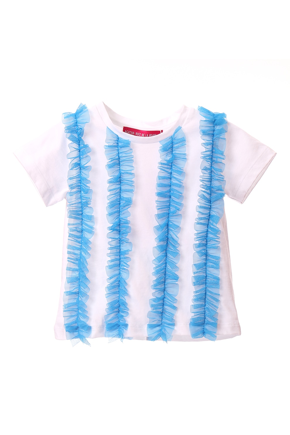 Agatha Ruiz de la Prada, Tricou de bumbac cu volane din tul, Alb, Albastru, 152 CM