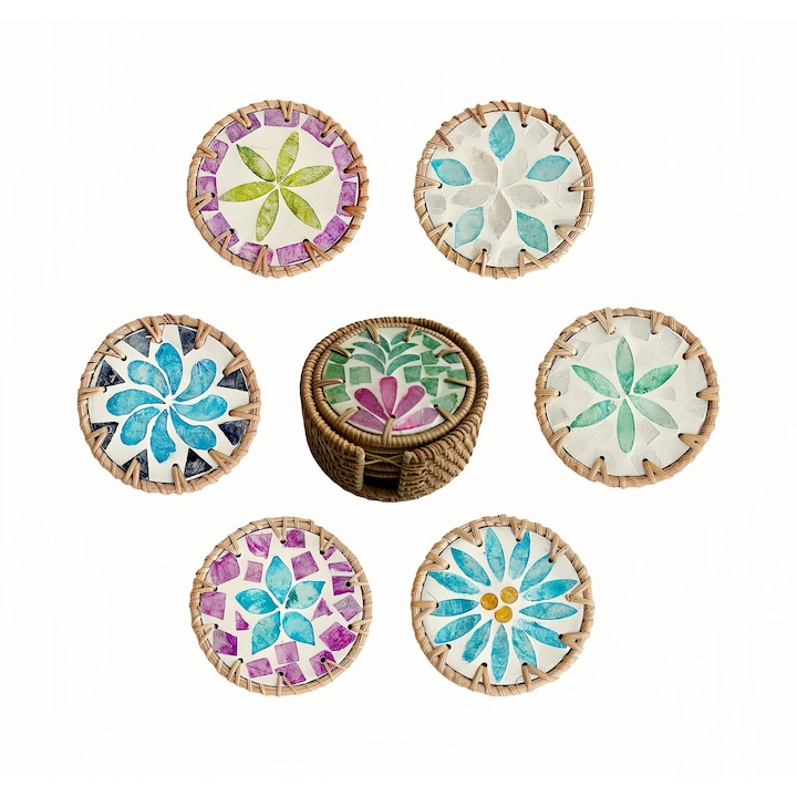 Set 6 suporturi bauturi din scoici si ratan, 10cm, design natural, pentru mese de cafea, bucatarii, stil aleatoriu