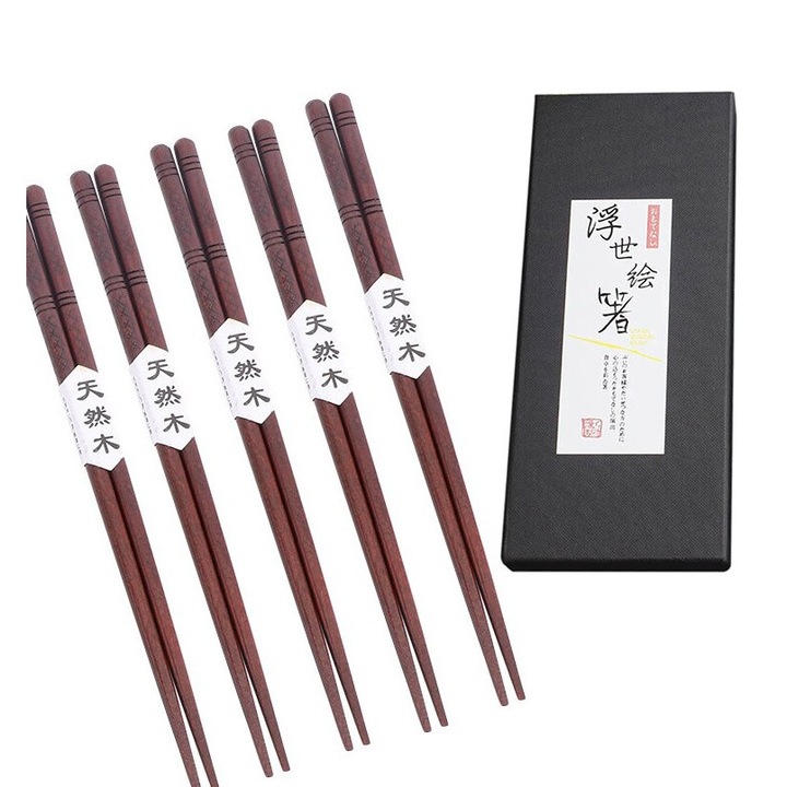 Set 5 tacamuri sushi, MilaSuu, lemn, cu cutie, maro