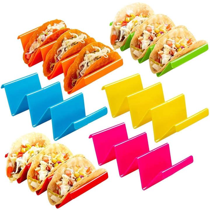Set 6 Suporturi pentru Taco, SINBINTA, Cu 3 compartimente, Utilizare fata-verso, Usor de curatat, Nu usor deformat, foarte durabile, Si poate fi folosit in sau masina de spalat vase, Plastic, 18.5x10x5.5cm, Multicolor