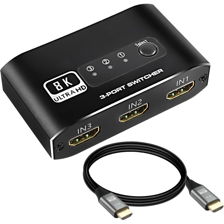USB KVM HDMI kapcsoló, 2.1 HDMI kábel kapcsolóval 3 az 1-ben kimenet, támogatja a 4K 120Hz 8K 60Hz 48Gbps HDTV, PS5, Xbox DVD, projektor, 80 cm-es kábelt tartalmaz