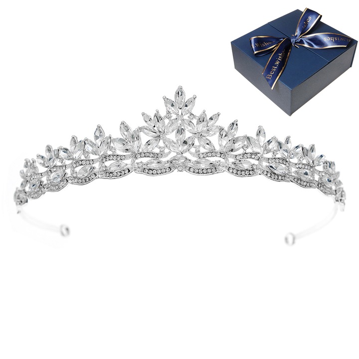 Tiara de mireasa din argint, BOMSTOM, forma clasica de coroana cu cristale si zirconiu, rafinata si eleganta, cu cutie cadou, 3,5 X 14 cm, argint