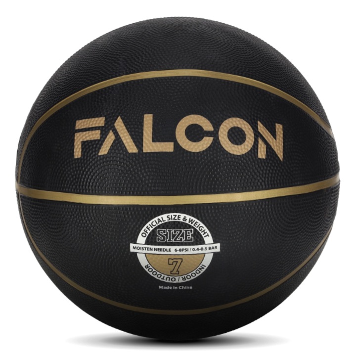 Sport cu mingea de baschet, FALCON, material nylon, cauciuc, aderenta perfecta, constructia consta din mai multe straturi, dimensiune 7, greutate 600 g, diametru 75 - 77 cm, neagra
