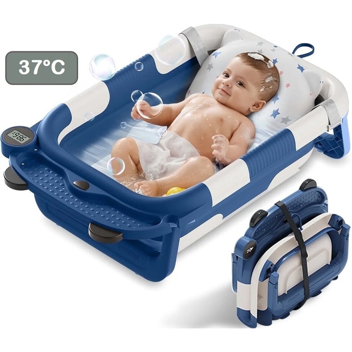 Сгъваема бебешка вана с мека плаваща възглавница BabyMood Bear UniqViBE® Дизайн за поддържане на температурата, вграден термометър/LCD дисплей, тава за съхранение, 3 регулируеми презрамки, опора за душ слушалка, неплъзгаща се, без BPA, 0-36 месеца, синя