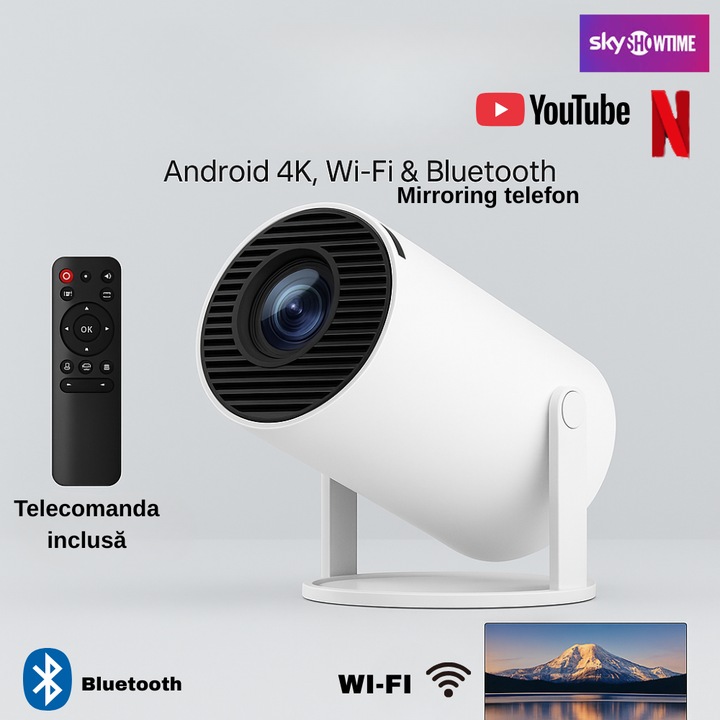 Mini Videoproiector HY300 PRO – 4K, Android, WiFi, Bluetooth, Mirroring Telefon, Proiectie 130”, Ideal pentru Filme Acasa, Alb