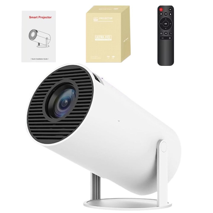Hordozható videoprojektor HY300, Smart 4K Ultra HD WiFi-vel, 1280x720p, HDMI, USB és Android/IOS tükrözés, távirányító, hangszóró, autofókusz, Bluetooth 5.0, LED, állítható vetítés 130 hüvelykig, 180 fokos elforgatás, Fehér