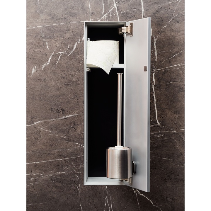 Вграден шкаф за тоалетна четка, С допълнителен рафт за подаване на хартия, Алуминиев, Десни панти