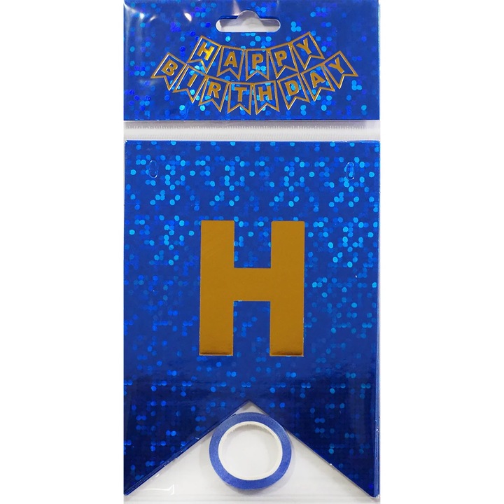 Ghirlanda aniversara decorativa Happy Birthday cu efect glitter, Albastru inchis