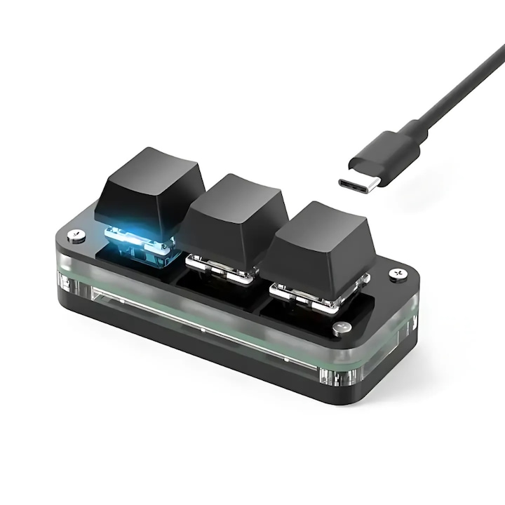 Mini Tastatura Mecanica Er-Tech® Programabila, 3 Taste RGB, Macro Keyboard pentru Cut Copy Paste (Ctrl X C V), Gaming, Software, Modelare 3D, Shortcut-uri si Work, DIY, USB Dual Mode, LED Personalizabila